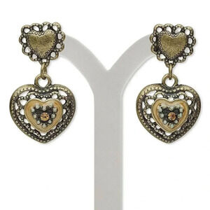 Victorian Style Enamel Crystal Antique Brass Double Heart Dangle Stud Earrings